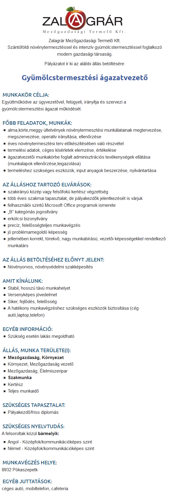 Zalagrár kertészeti ágazatvezető